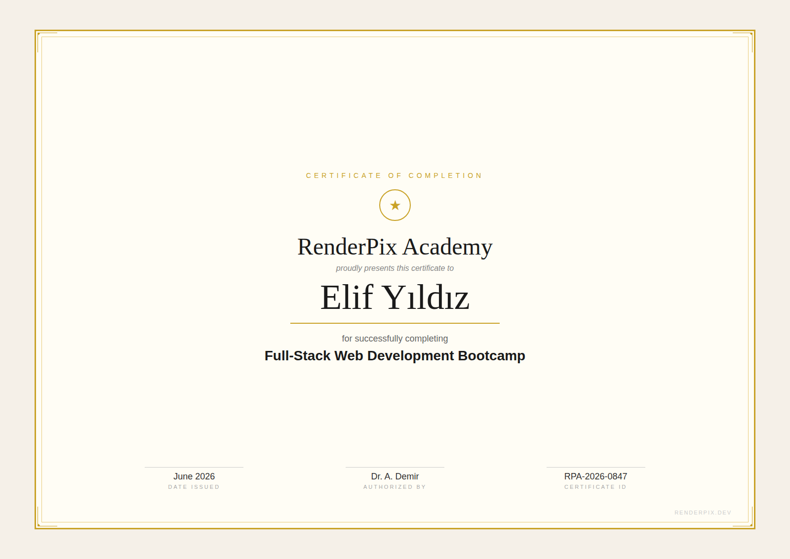 Course completion certificate example generated by RenderPix