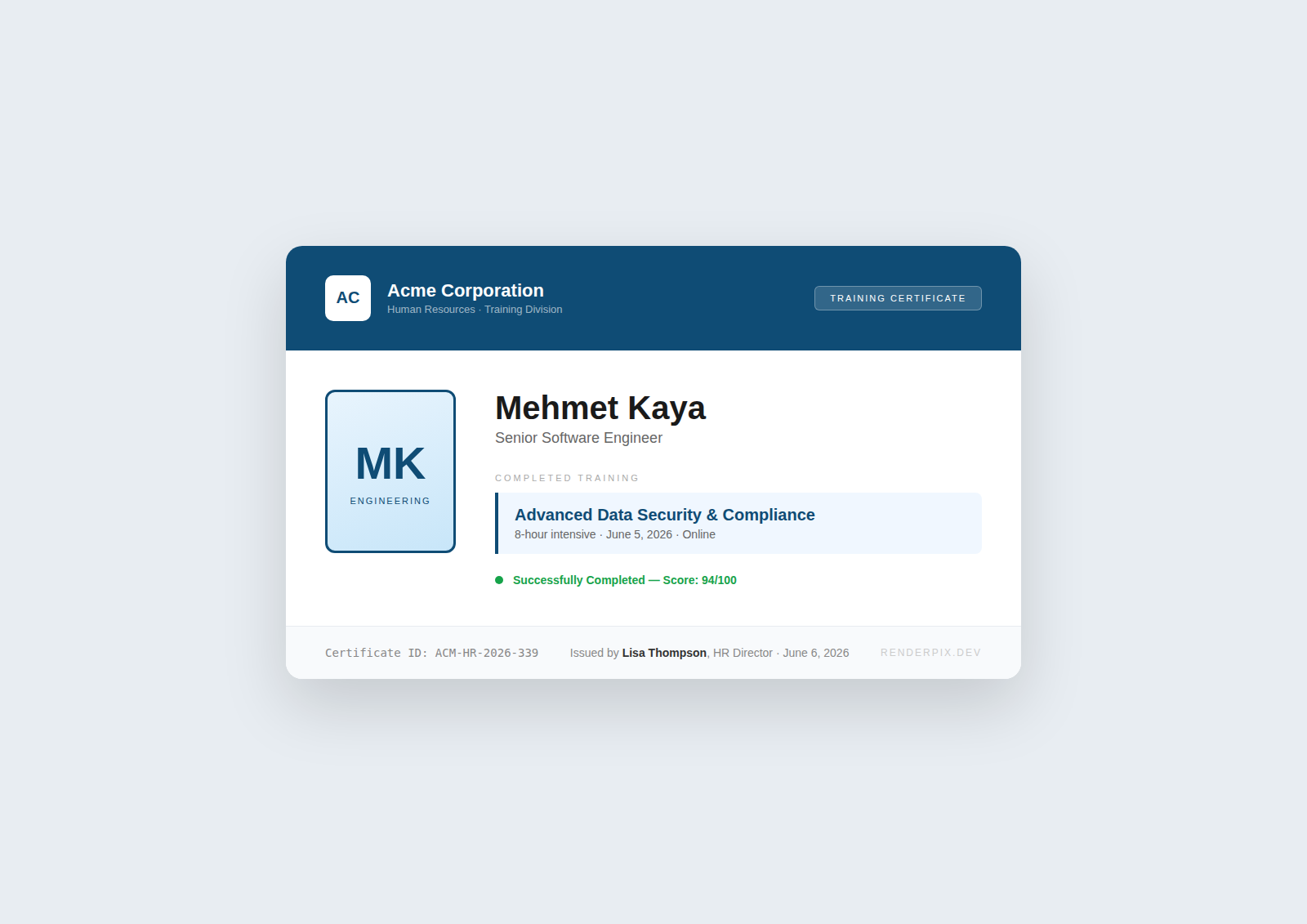 Employee training certificate example generated by RenderPix